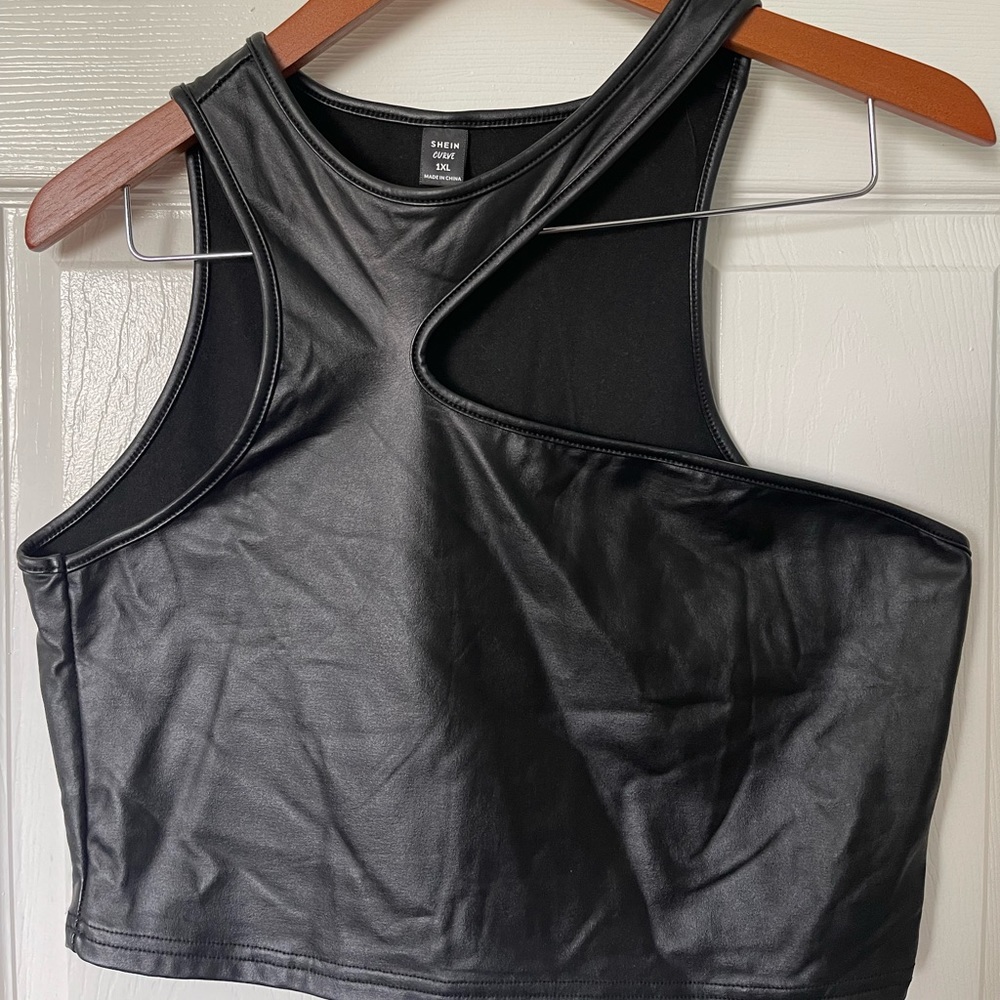 Black faux leather asymeteical crop top
